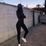 solid black/gray long sleeve skiing jumpsuit women elastic hight outfit fashion fitness sport wear slim rompers