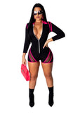 Neon Striped Patchwork Mesh Bodycon Jumpsuit Women Sexy Zipper Long Sleeve Biker Shorts Romper Night Club Playsuit