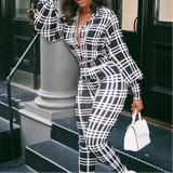 New arrival hot sale women jumpsuits+Plaid print jumpsuit with lapel trim and puff sleeves