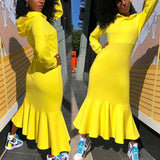 2020 Hot Trim waist and thicken hoodie fishtail dress Casual yellow long sleeve dress plus size in stock