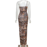 The new summer 2021 one-line neck and sexy slit and slim tiger print women's dress