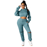 2021 New hooded ripped off-the-shoulder hoodie sexy long-sleeved sports suit casual jogging suit stacks plus size