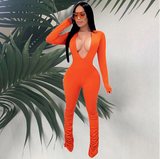 Phoenix 2020 New high-waisted exercise fitness jumpsuit Solid-color large V-neck tight all-in-one pants for woman