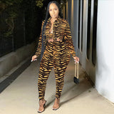 2021 Hot sale Stand collar sexy tie with leopard print long sleeve shirt suit casual 2 pieces set plus size in stock