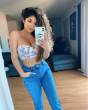 X00099D Floral Print Fashion Strapless Bustier Corset Crop Tops Female Sexy Backless Sleeveless Women Tops Summer 2021