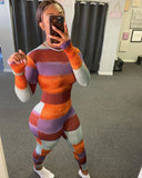 Casual Ribbed Rainbow Women Matching Sets Sporty Active Wear Long Sleeve Bodycon Crop Top And Pants Two Piece Outfits