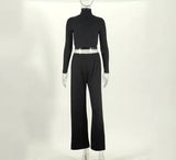 Fashionable long - sleeved high - necked wide - leg trouse+Solid color slim long sleeve trousers two-piece set