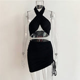 Cross Halter Ultra Short Irregular Drawstring Short Skirt Two Piece Set